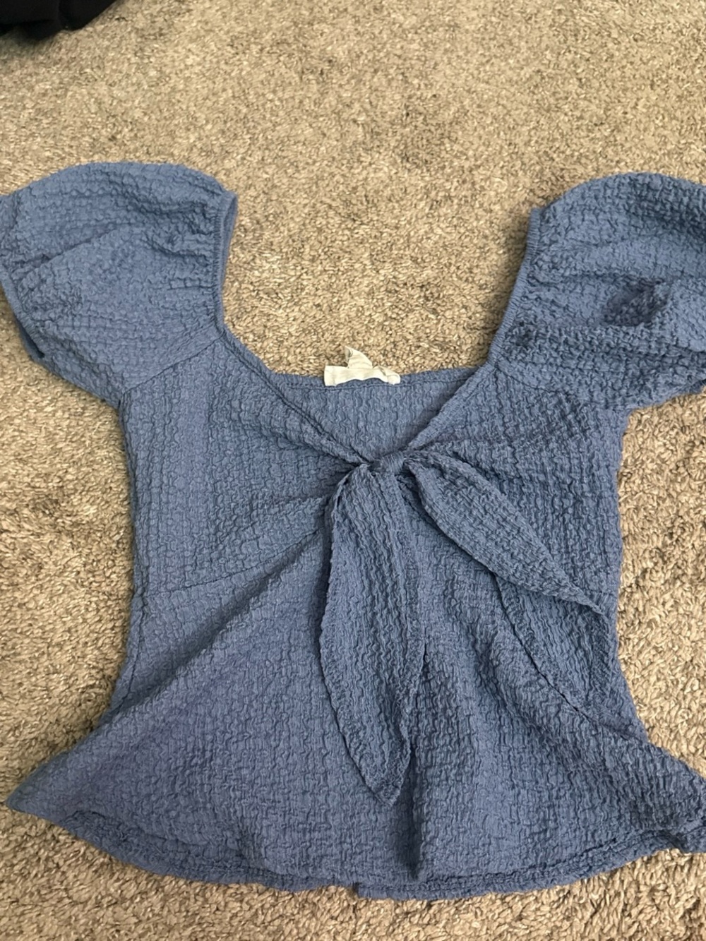 See You Monday Blue Tie-Front Puff Sleeve Top
